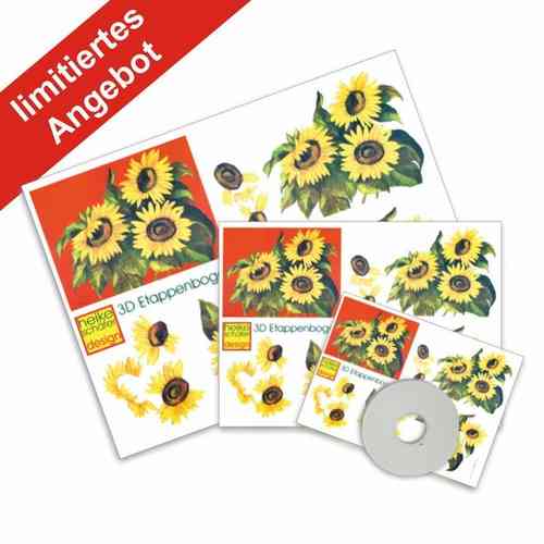 Bastel Set XXL: 3D Bogen Motiv Sonnenblumen - 4 teilig / 3 Größen